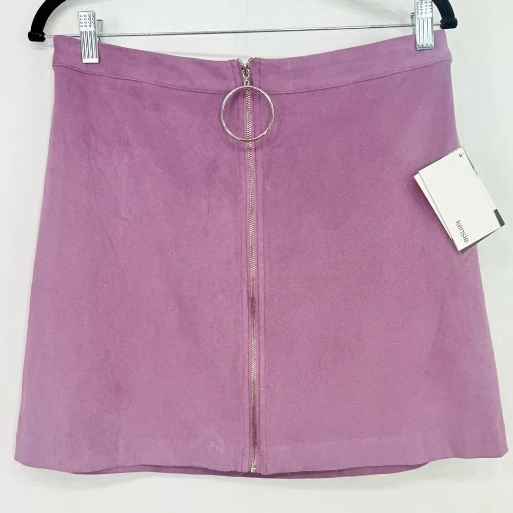 Kensie Purple Faux Suede Y2K Silver Ring Zipper Mini Skirt NEW